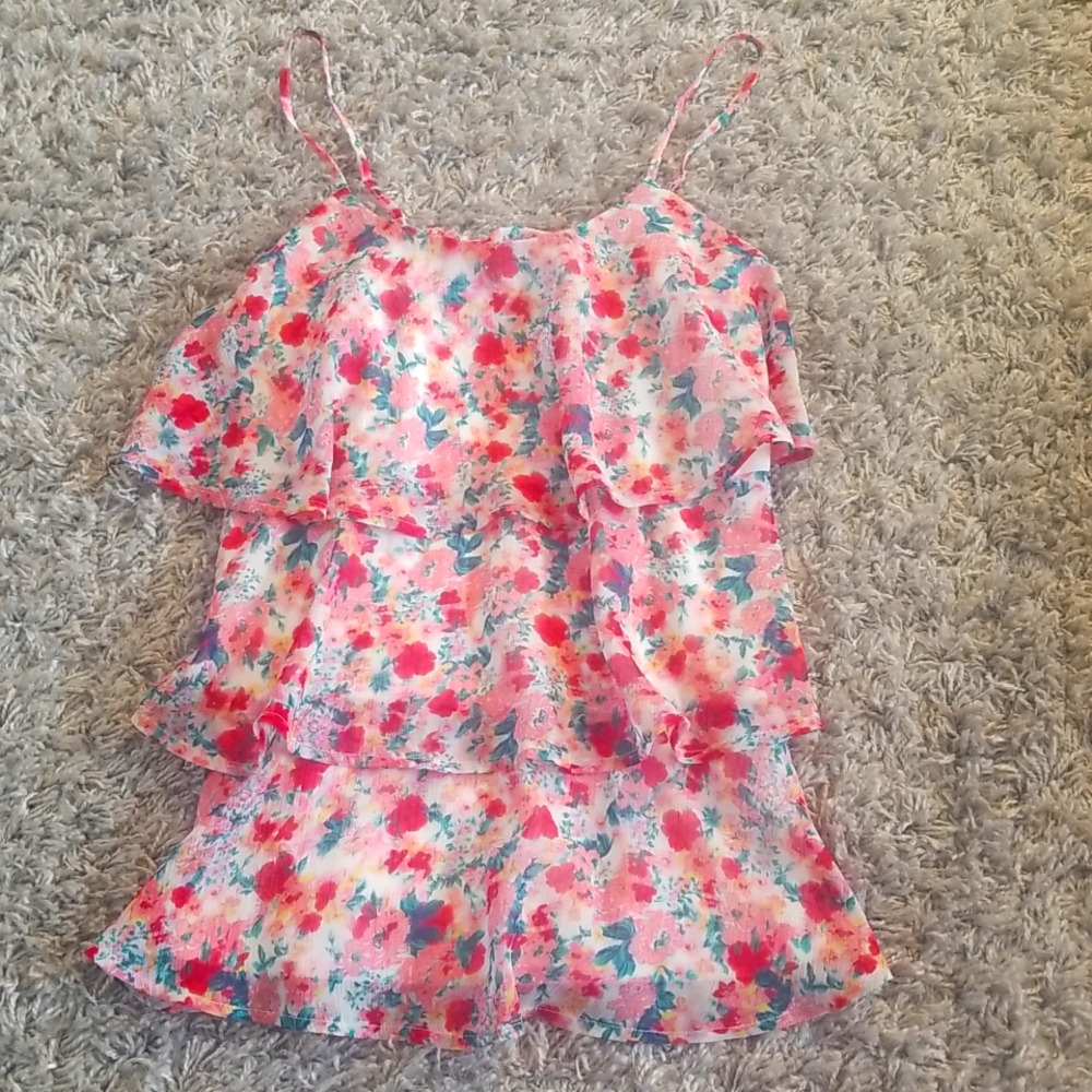 (M) Candie's Floral Tiered Ruffle Spaghetti Strap Tank Top Pastel Dainty
